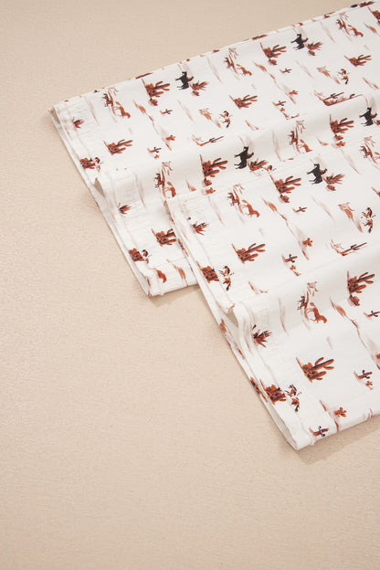 Beige Western Print Adjustable Strap Loose Cotton Jumpsuit