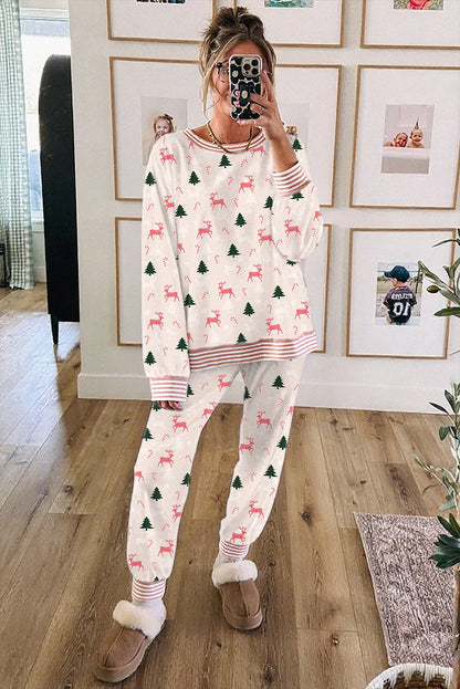 Bow Christmas Tree Print Contrast Striped Banding 2pcs Lounge Set
