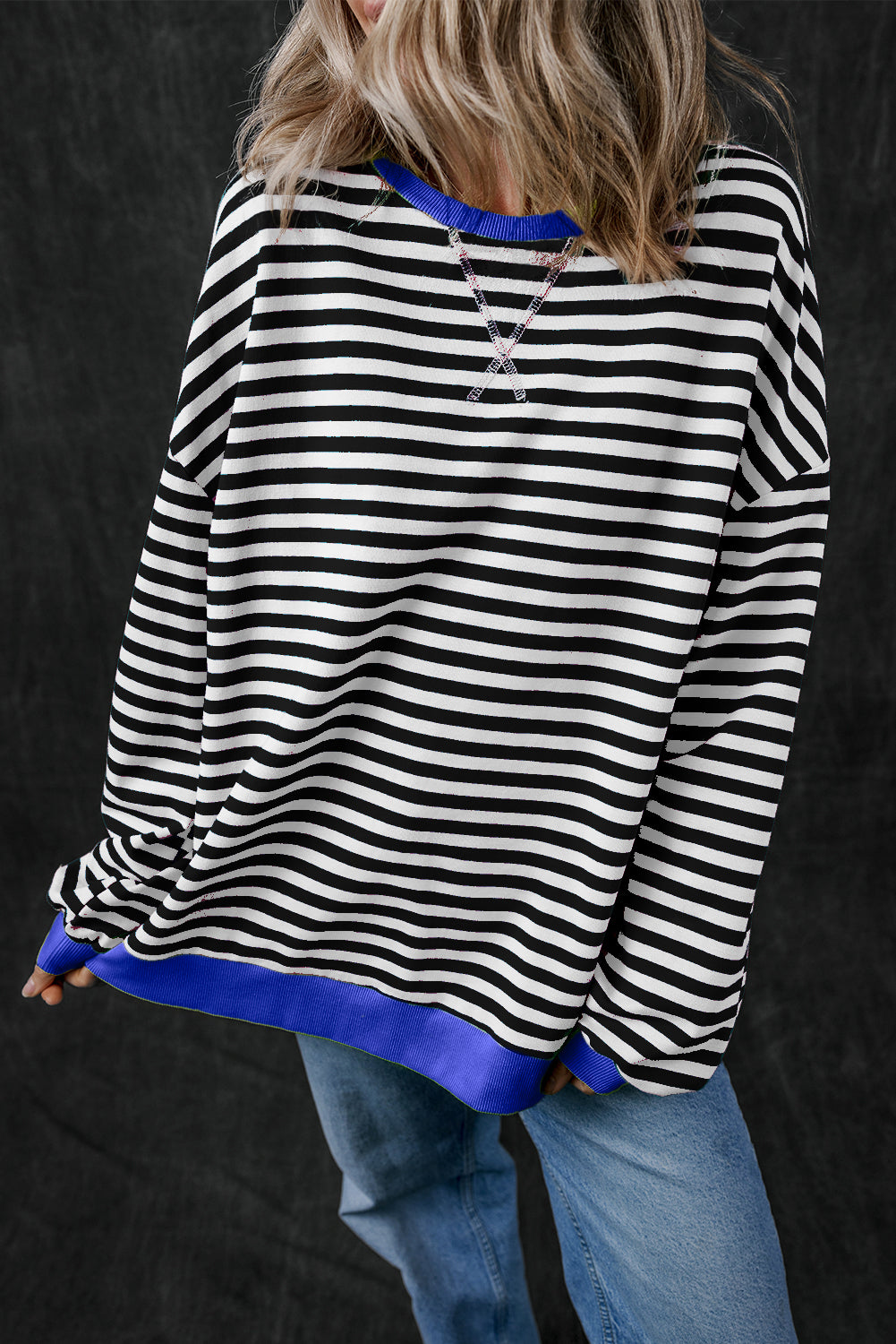 Sky Blue Stripe Oversized Contrast Trim Pullover Sweatshirt