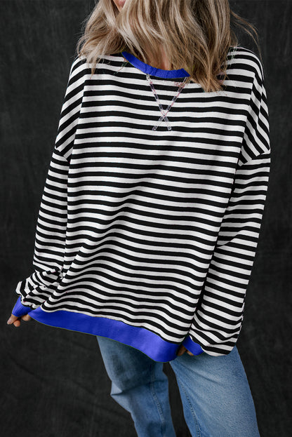 Sky Blue Stripe Oversized Contrast Trim Pullover Sweatshirt