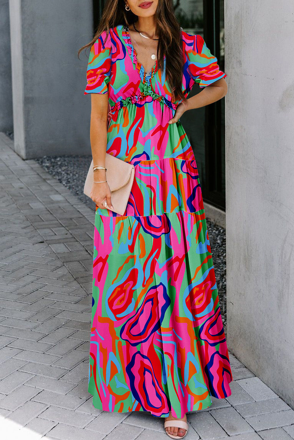 Sky Blue Floral V Neck Ruffle Short Sleeve Maxi Dress