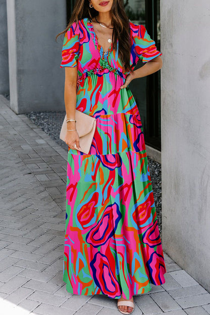 Sky Blue Floral V Neck Ruffle Short Sleeve Maxi Dress