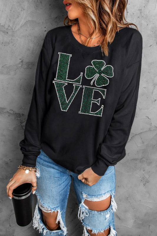 Black Rhinestone LOVE Clover St Patrick’s Sweatshirt