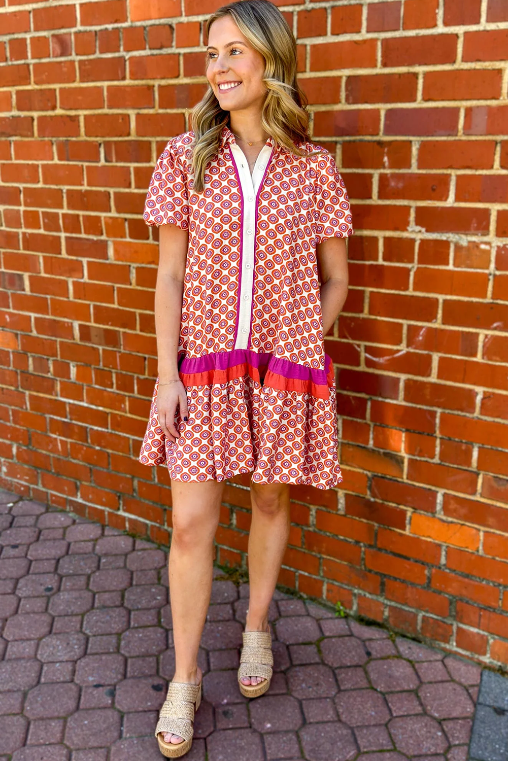 Orange Geometric Print Button Front Ruffle Hem Mini Dress