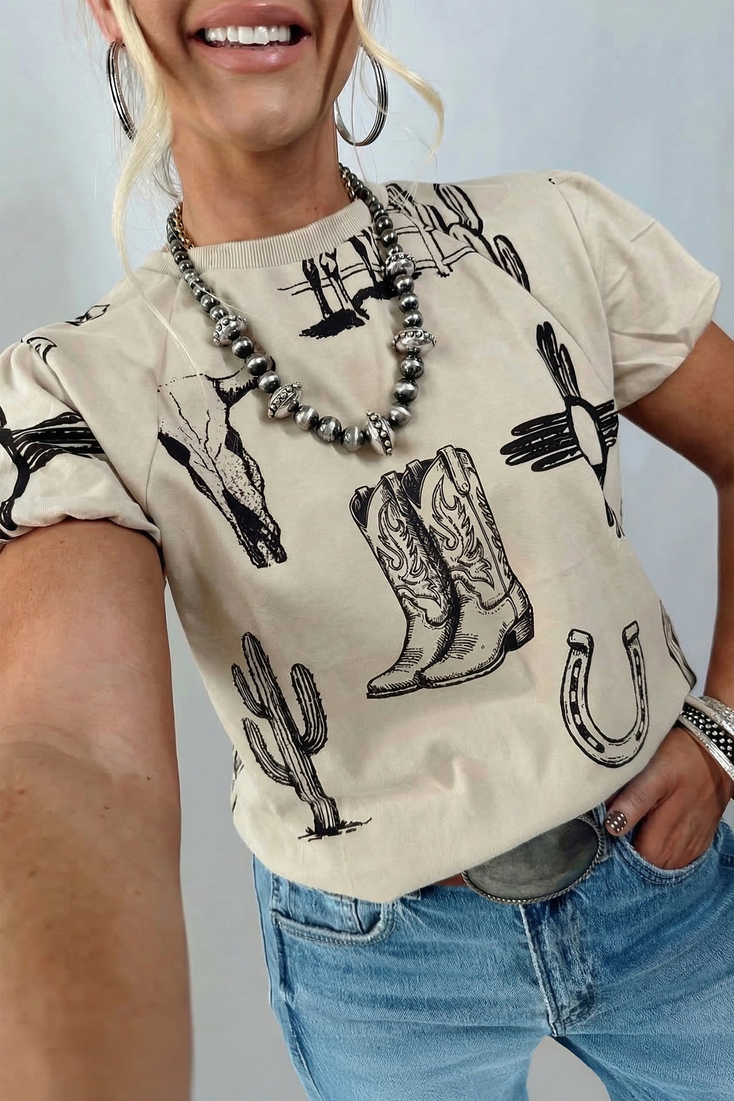 Beige Western Graphic Cowboy Boots Cactus Vintage Tee
