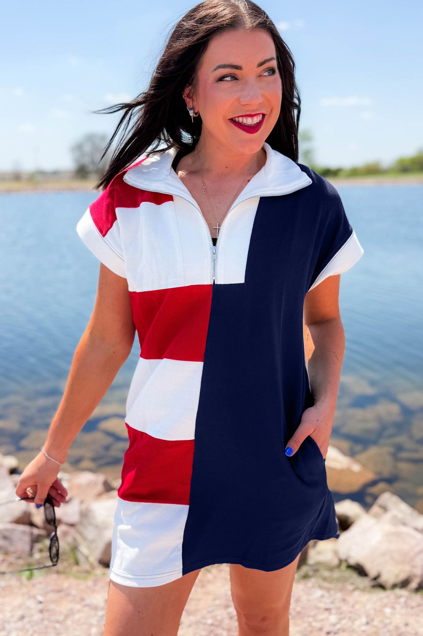 Americana Colorblock Zip Collar Flag Day Dress Independence