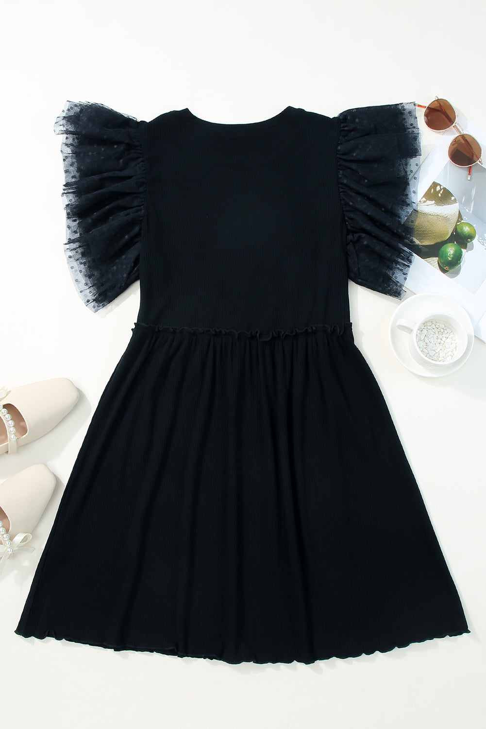 Ruffle Mesh Sleeve Babydoll Mini Dress Ribbed Knit