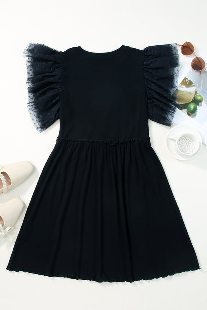 Ruffle Mesh Sleeve Babydoll Mini Dress Ribbed Knit