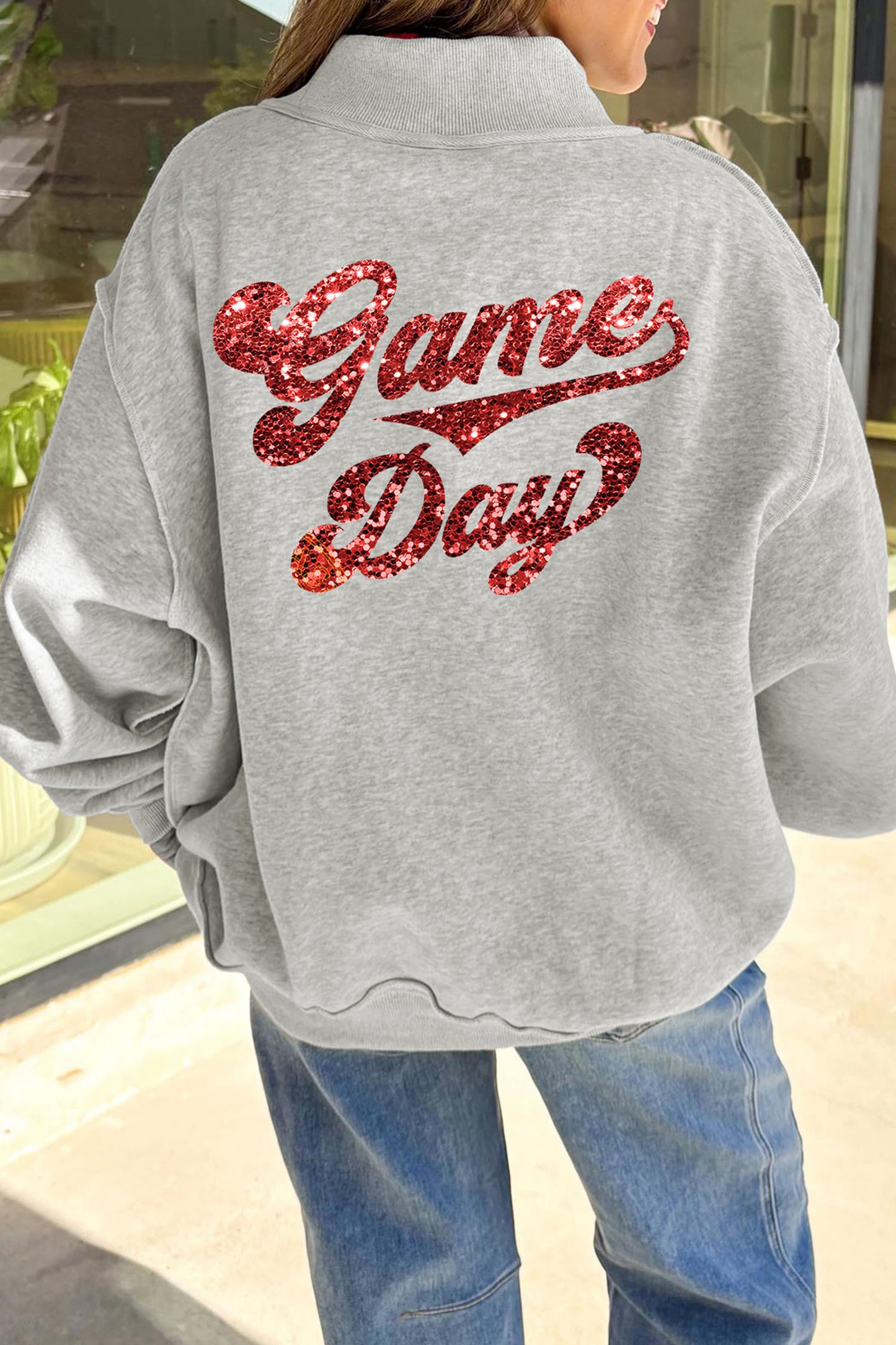 Football Patch Sequin Game Day Mock Neck Sweatshirt