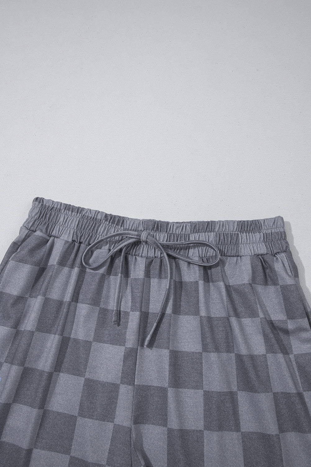 Beige Checkered Lounge Set V Neck Tee Shorts