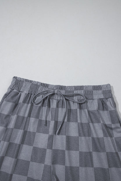 Beige Checkered Lounge Set V Neck Tee Shorts