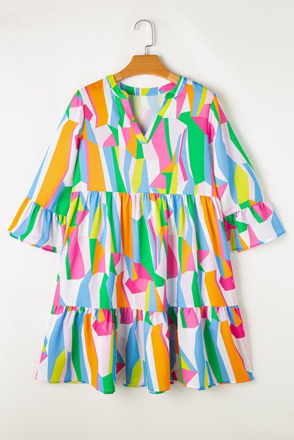 Green Abstract Print Tiered V Neck Ruffle Sleeve Dress