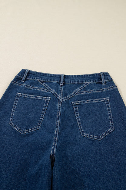 Sail Blue Stitched High Waist Loose Cuffed Jeans