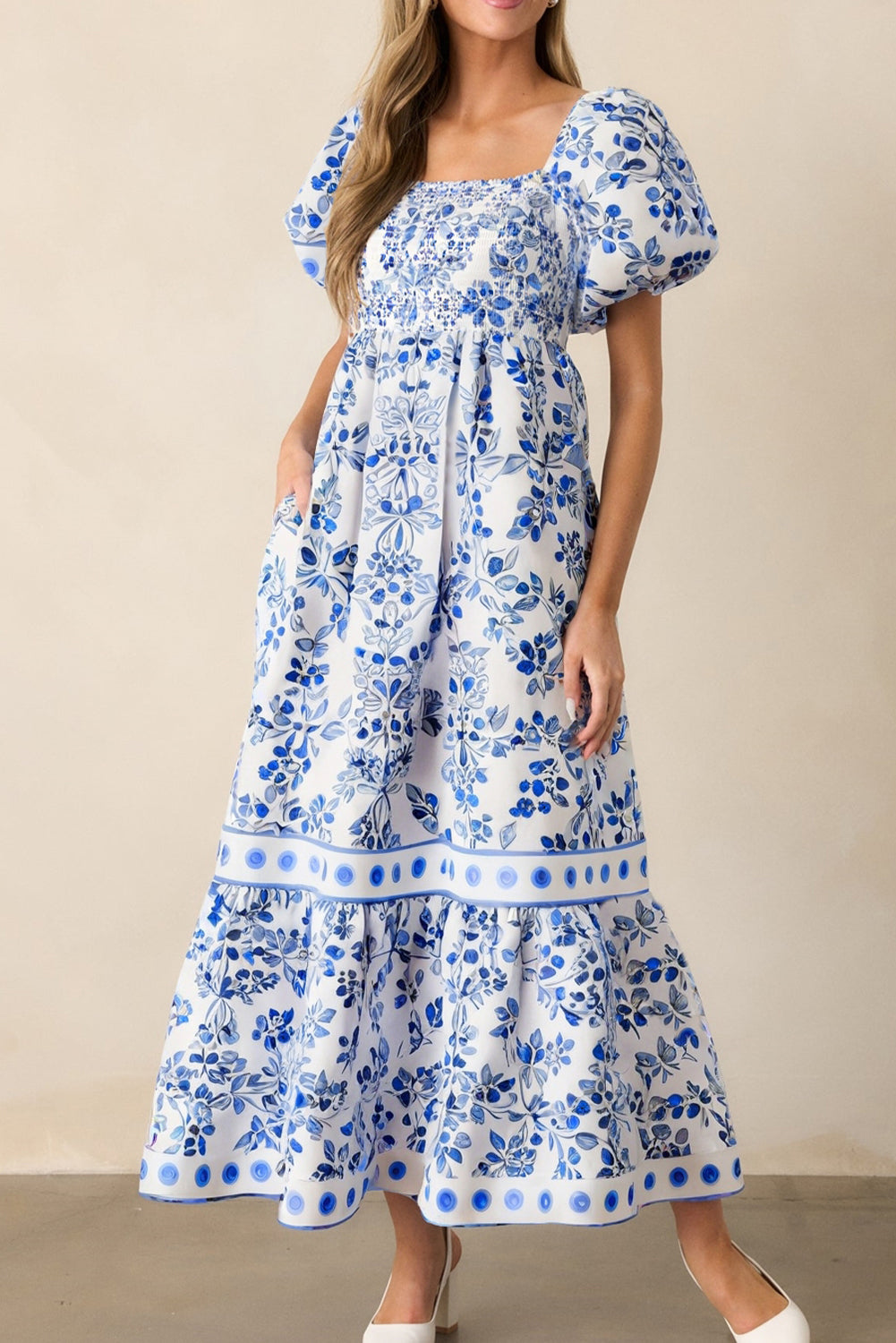 Blue Floral Square Neck Smocked Maxi Dress