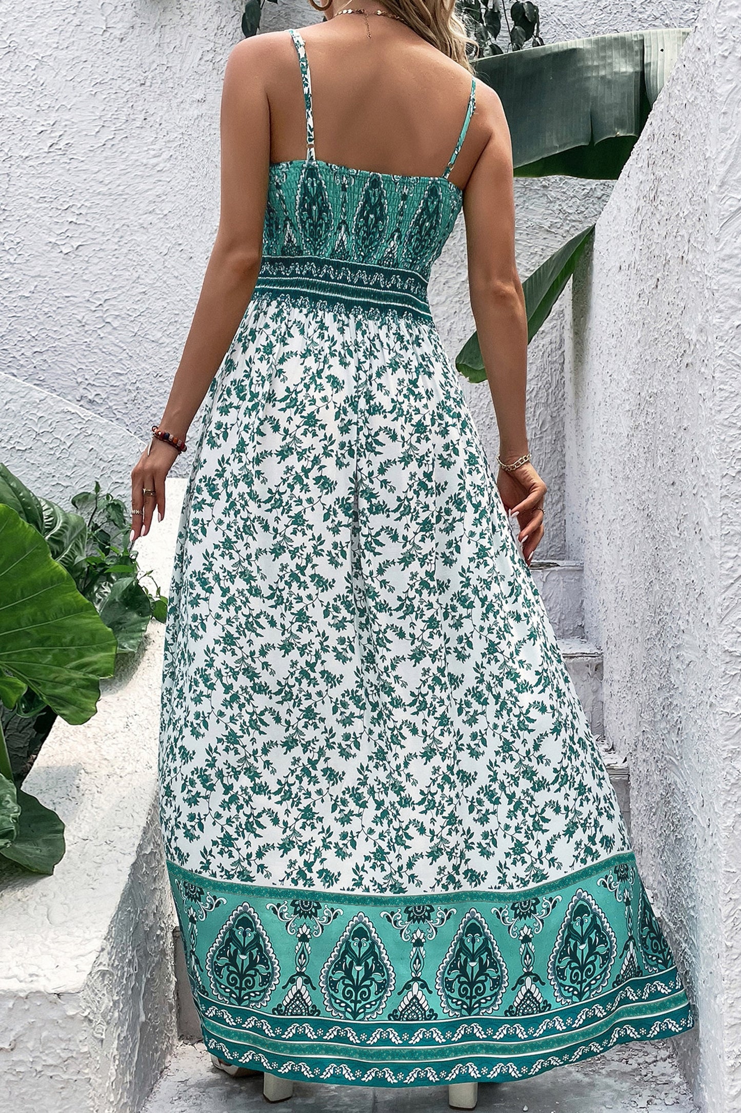 Boho Floral Maxi Dress Shirred Cami Strap Resort Style