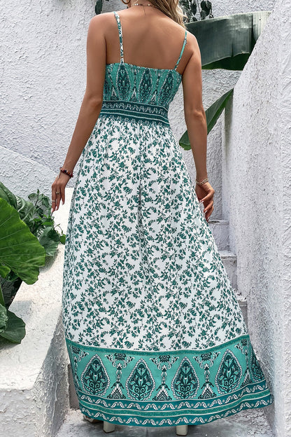 Boho Floral Maxi Dress Shirred Cami Strap Resort Style