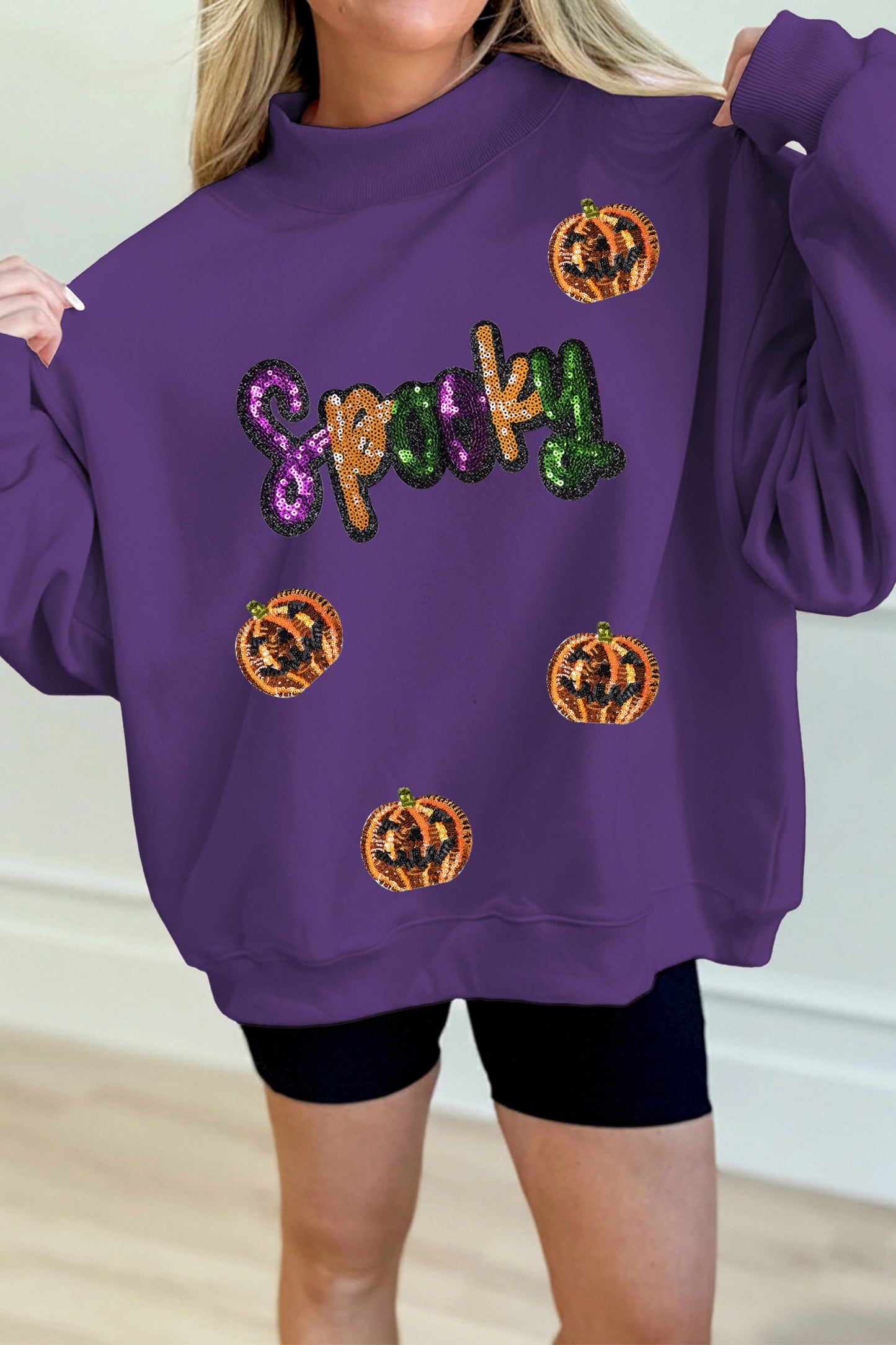 Sequin Pumpkin Spooky Mock Neck Halloween Sweatshirt