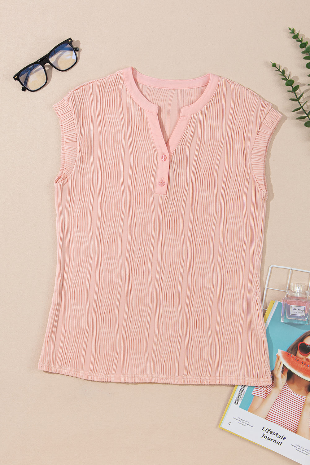 Ribbed V Neck Button Cap Sleeve Knit Top Casual