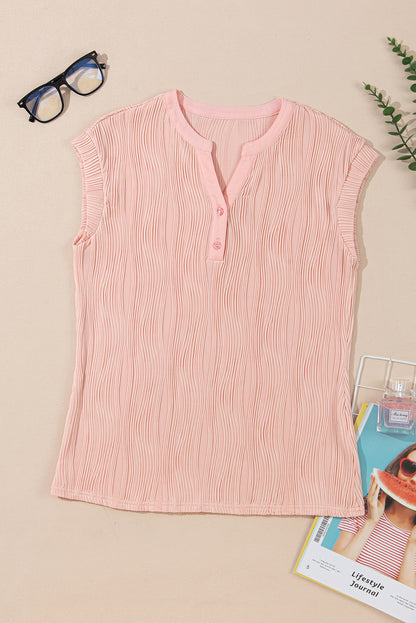 Ribbed V Neck Button Cap Sleeve Knit Top Casual