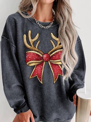 Christmas Reindeer Bow Graphic Corded Knit Sweatshirt