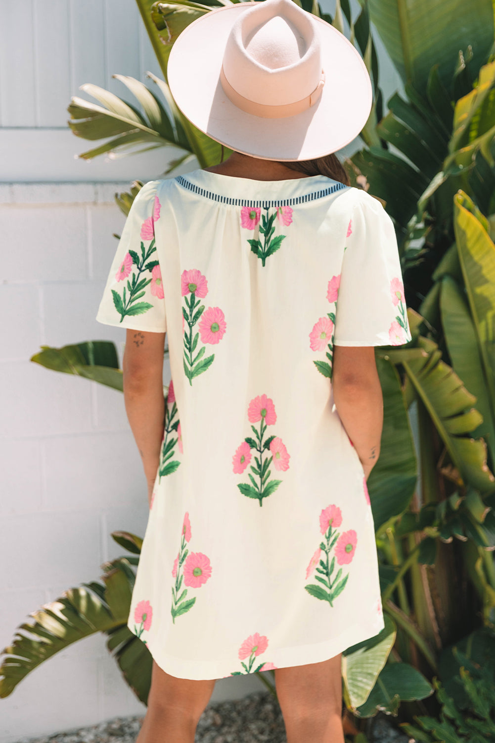 Easter Floral Split Neck Short Sleeve Mini Dress