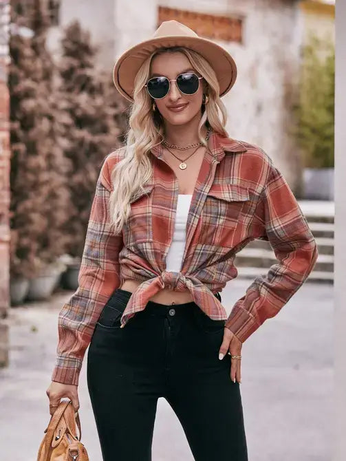 Women’s Caramel Plaid Oversized Flannel Button Down Shirt