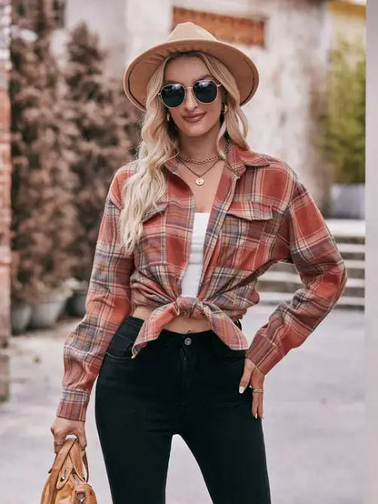 Women’s Caramel Plaid Oversized Flannel Button Down Shirt