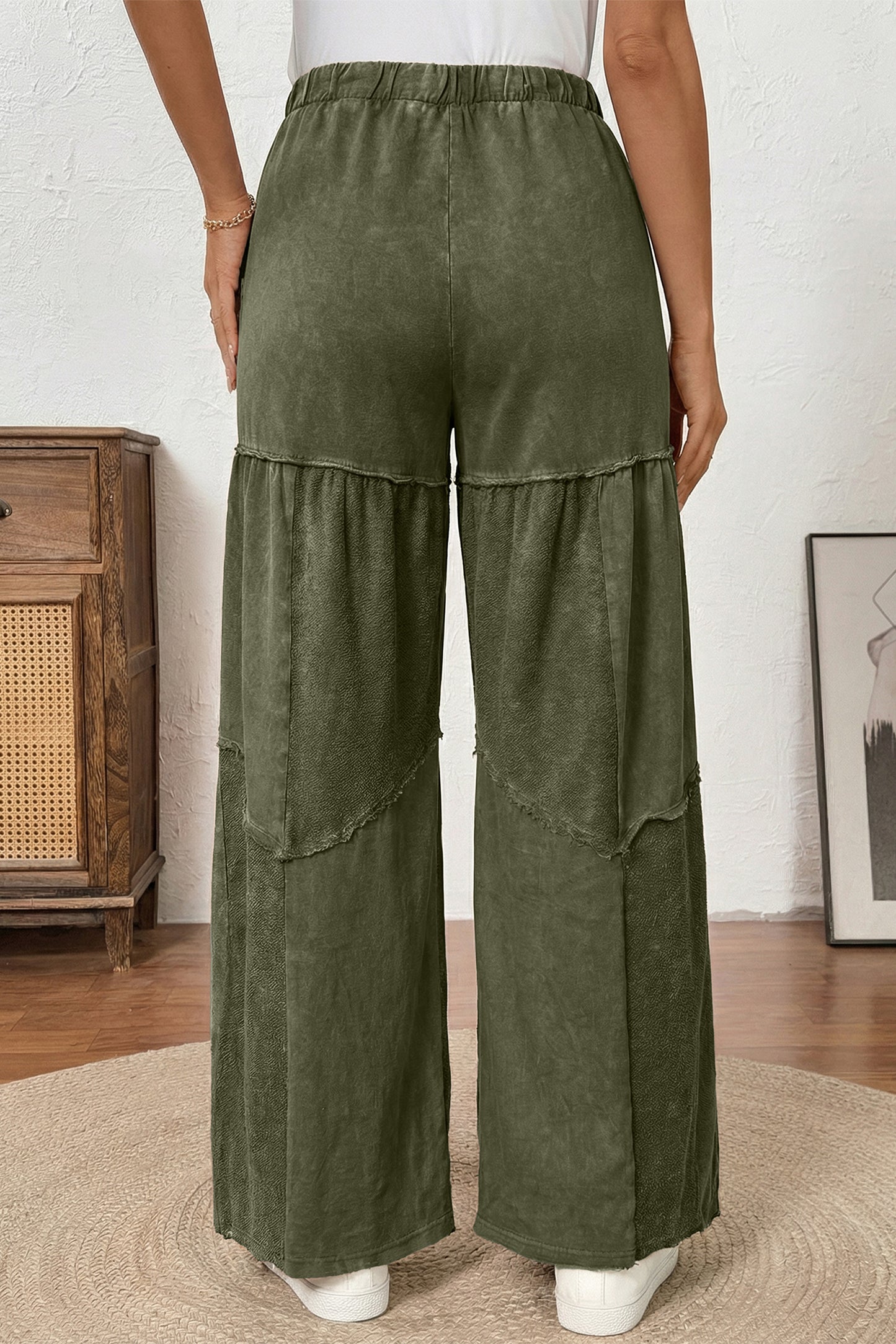 Women's Black Mineral Wash Wide Leg Patchwork Pants
