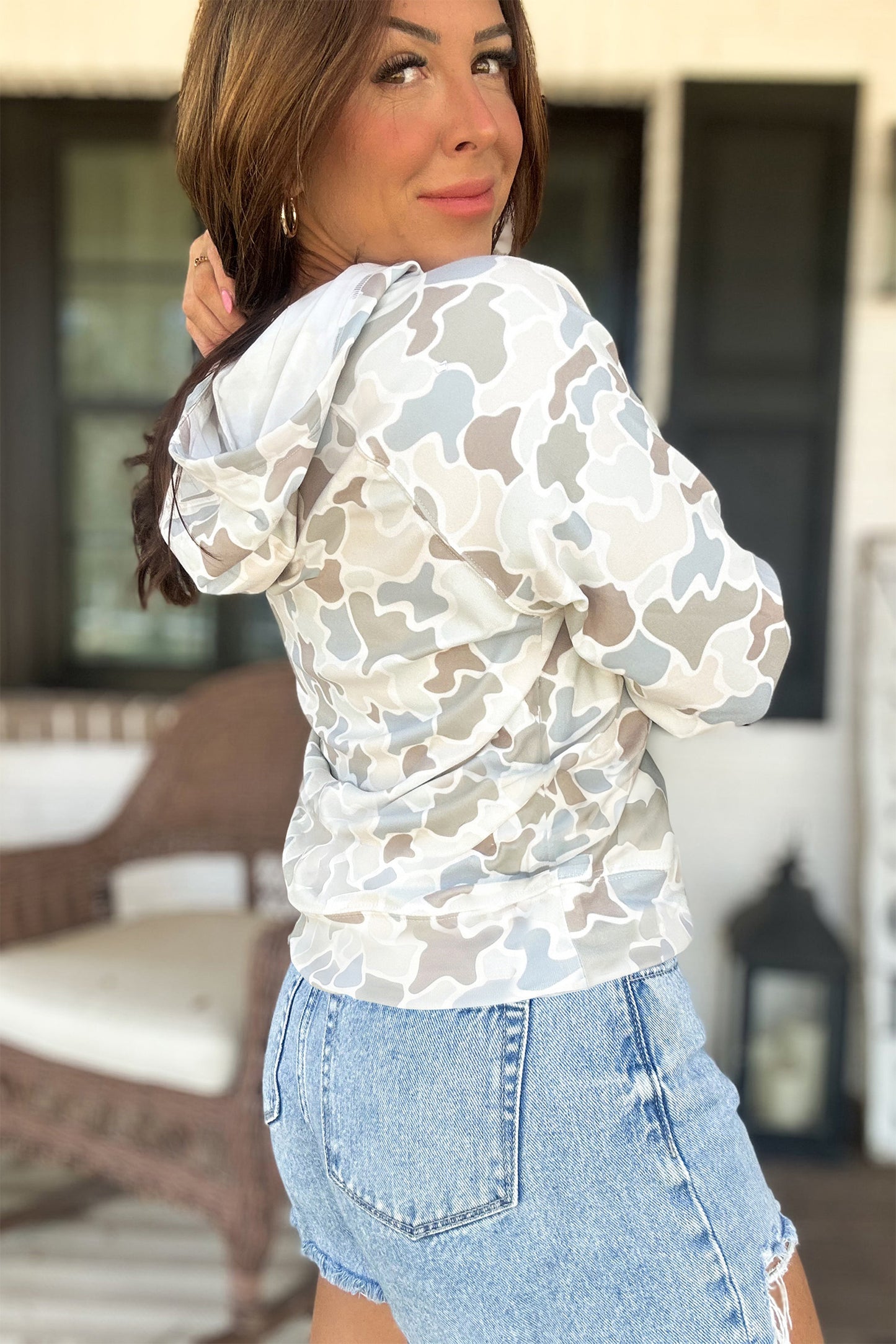 Camo Print Hooded Pullover Long Sleeve Casual Top