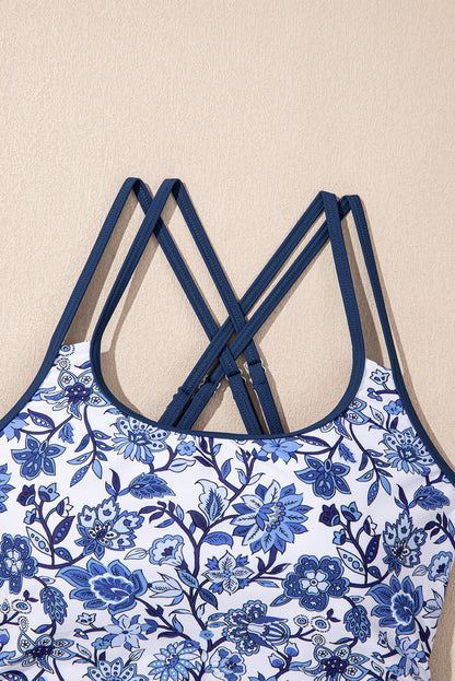 Sky Blue Crossed Back Floral Print Asymmetric Knot Side One Piece Swimsuit