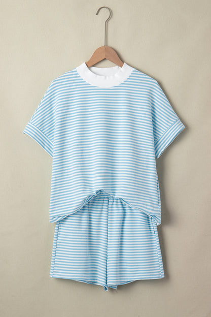 Casual Stripe 2 Piece Short Set Women Lounge Outfit