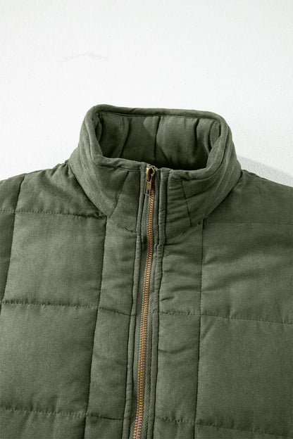 Olive Green Quilted Zip-Up Jacket with Pockets