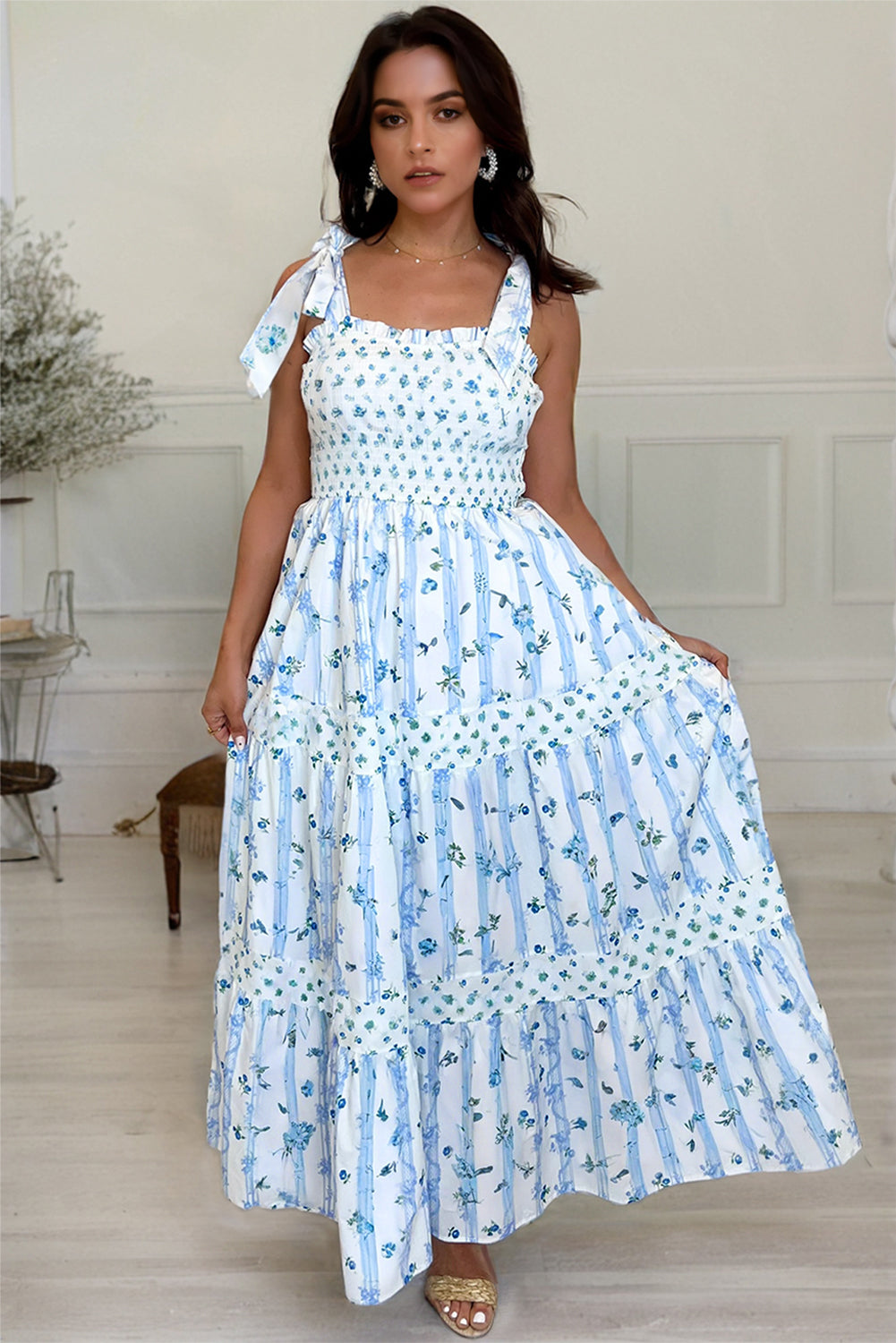 Sky Blue Floral Smocked Tiered Maxi Dress