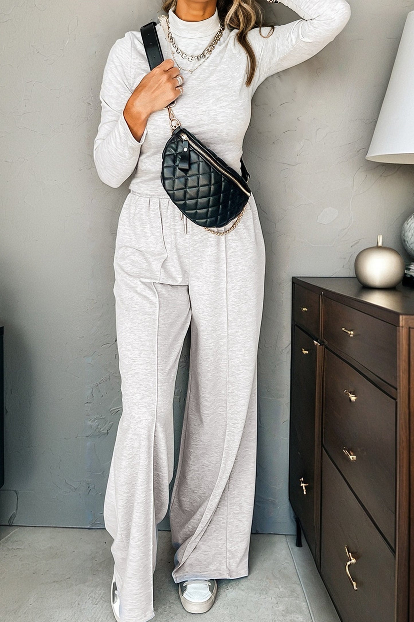Light Grey High Neck Long Sleeve Top and Wide Leg Lounge Pants Set