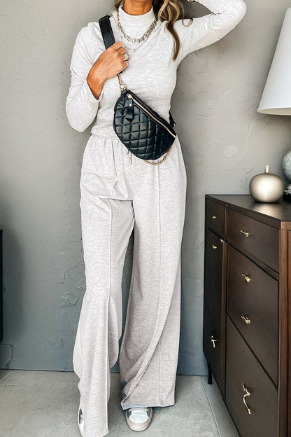 Light Grey High Neck Long Sleeve Top and Wide Leg Lounge Pants Set