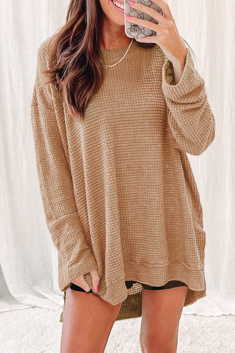 Black Waffle Knit Oversized Top with Side Slits