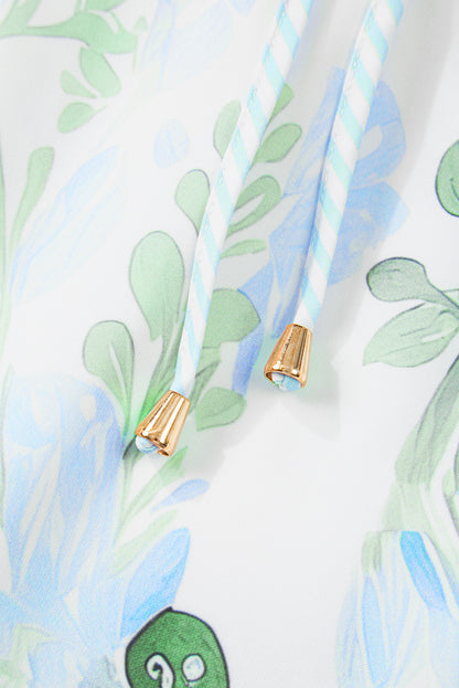 Sky Blue Floral Ruffle Sleeve Tie Neck Mini Dress