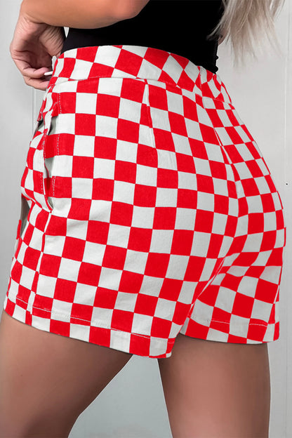 Checkered Print Overlap Denim Skort Mini Shorts