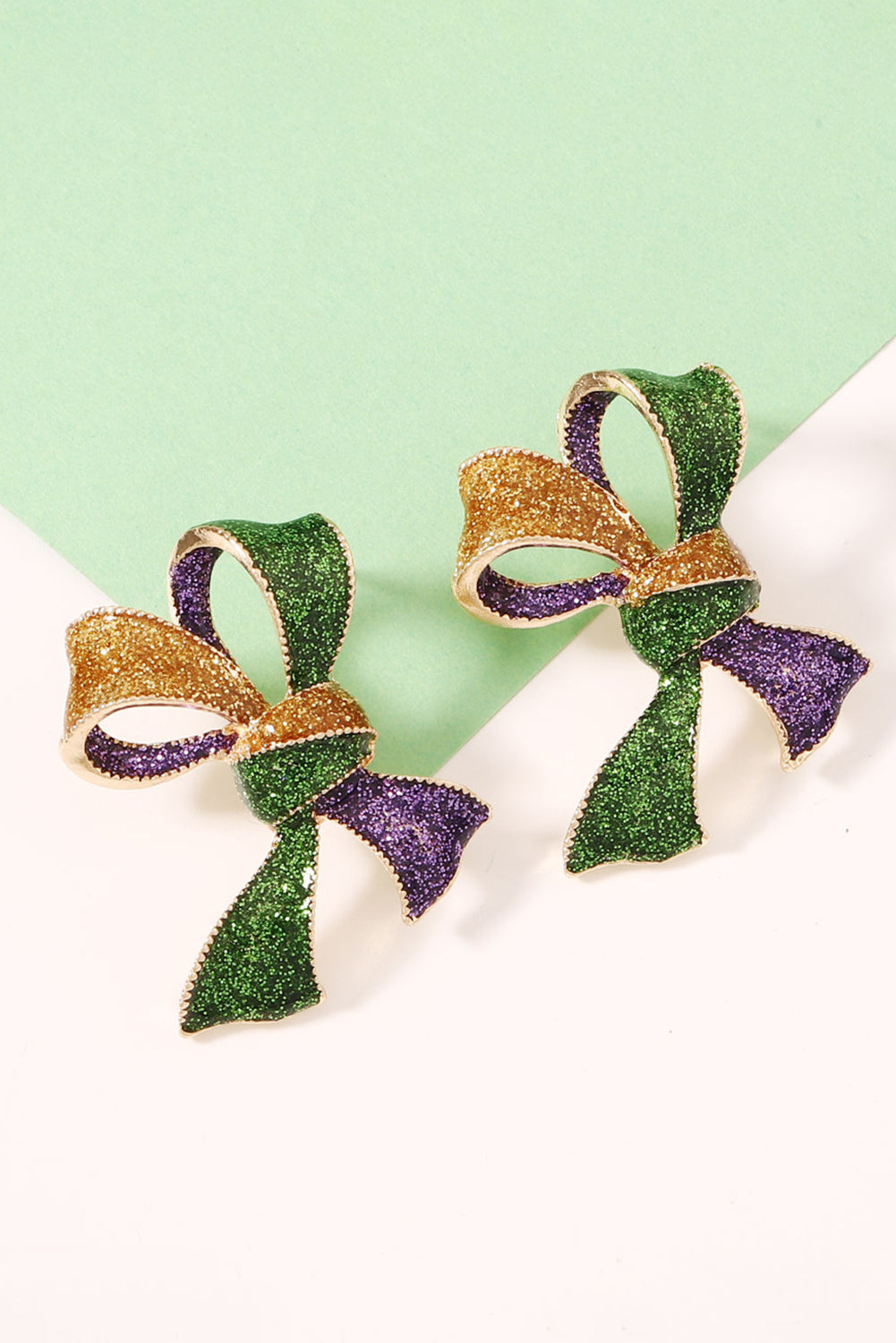Mardi Gras Glitter Bow Earrings Purple Green Gold 3D