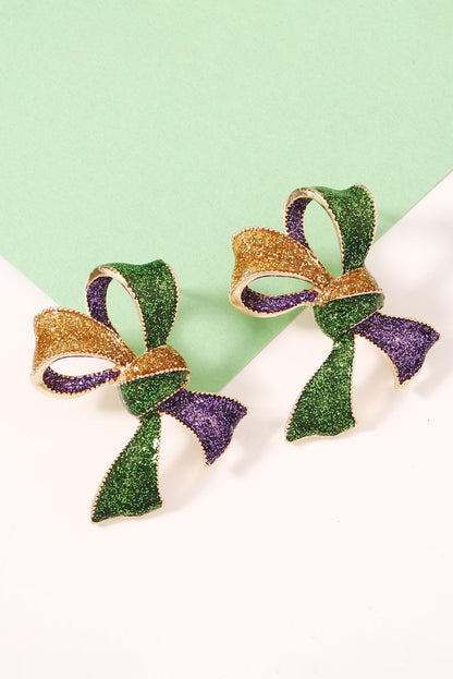 Mardi Gras Glitter Bow Earrings Purple Green Gold 3D