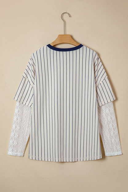 Striped 88 Graphic Lace Sleeve V Neck Faux Layered Top