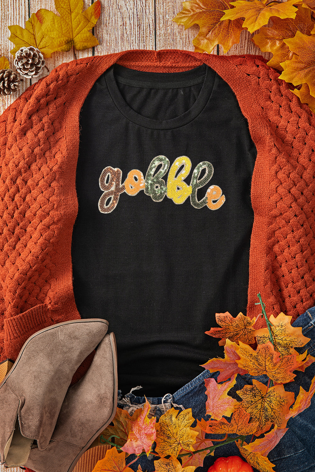 Black Sequin Gobble Graphic Thanksgiving T Shirt