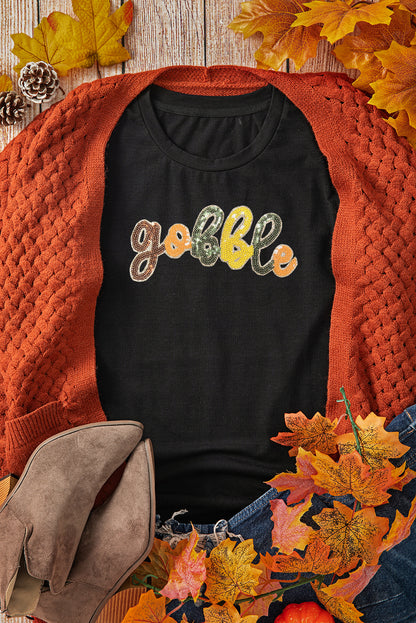 Black Sequin Gobble Graphic Thanksgiving T Shirt