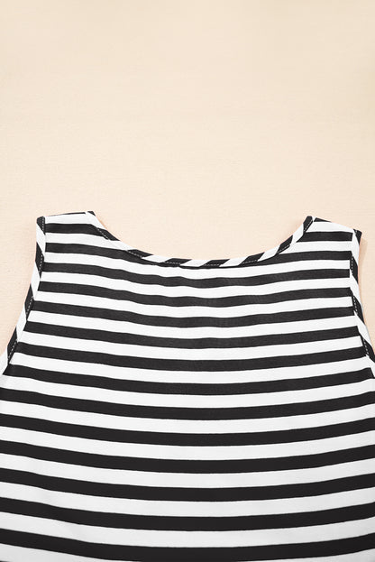Black White Stripe U-Neck Sleeveless Loose Mini Dress
