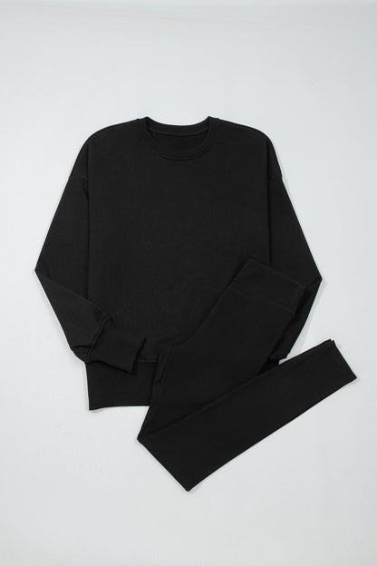 Solid Oversize Slit Sweatshirt with Ribbed Leggings Set