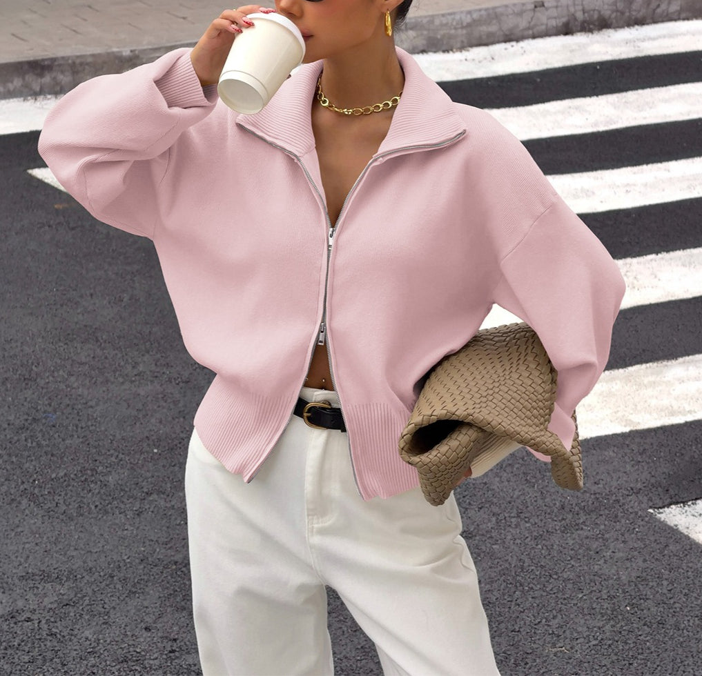 Women's Zip Up Knit Jacket Long Sleeve Casual Cardigan