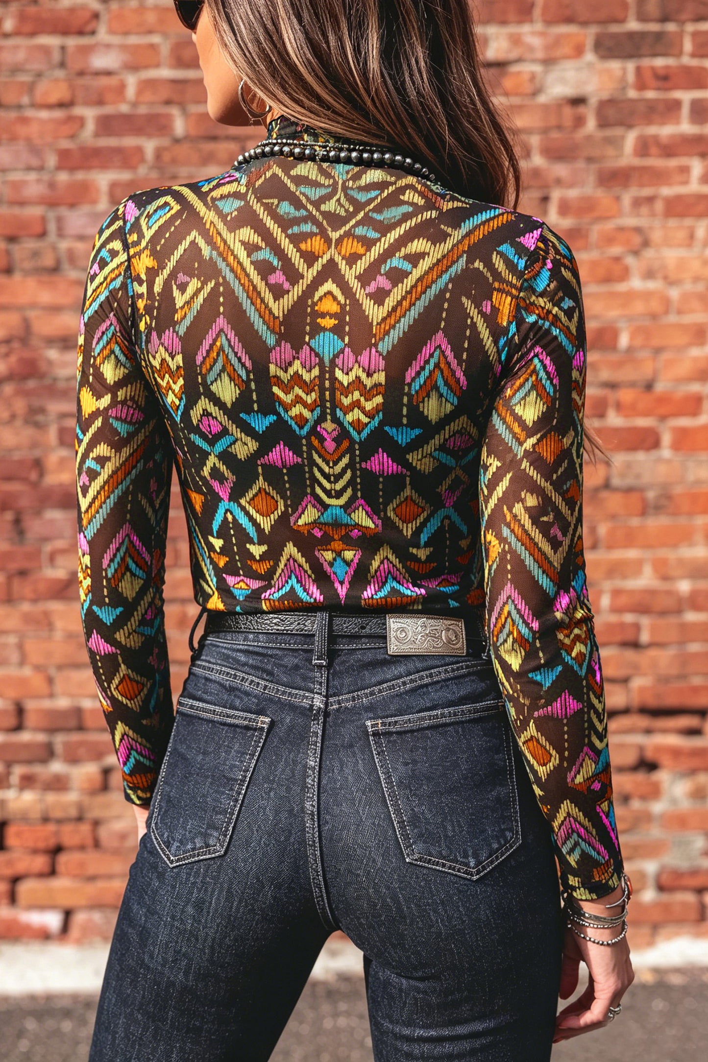 Abstract Print Mock Neck Mesh Long Sleeve Top