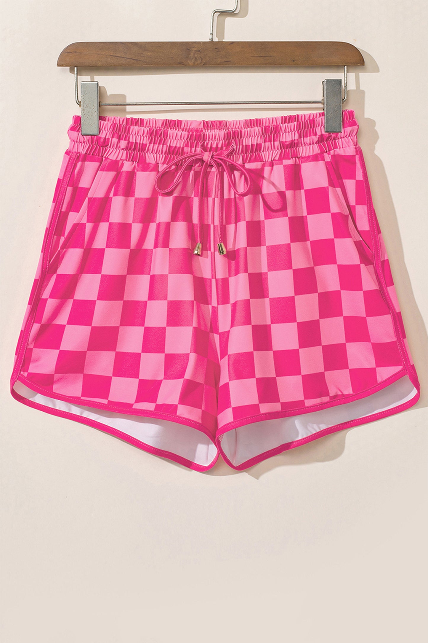 Rose Checkered Drawstring High Waist Casual Shorts