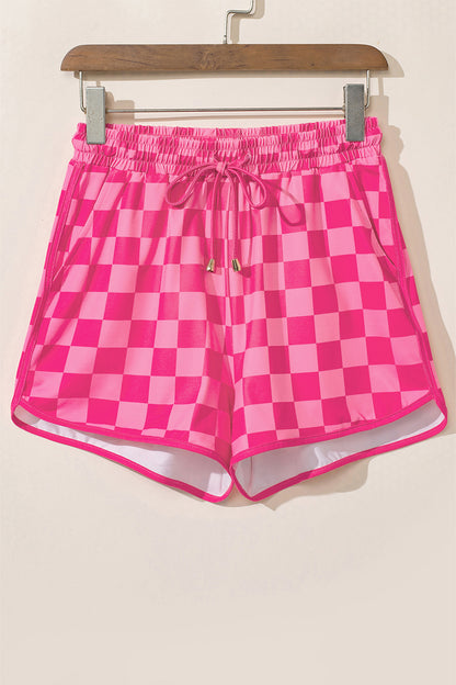 Rose Checkered Drawstring High Waist Casual Shorts