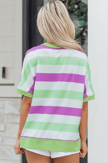 Green Stripe Lucky Clover Embroidered Graphic Dolman Loose Tee